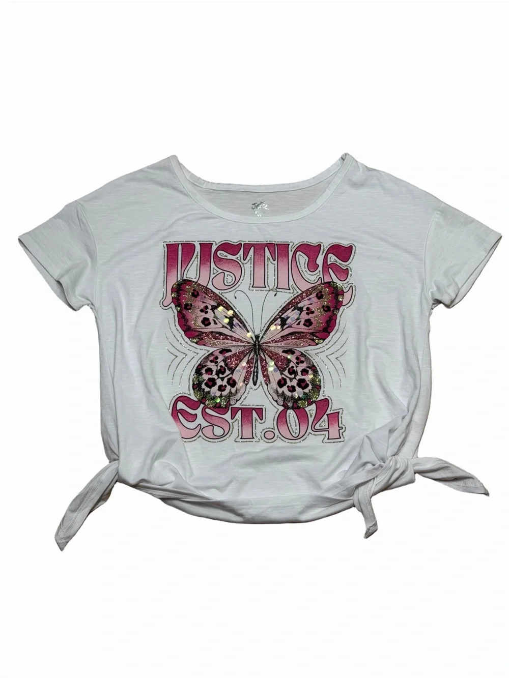 Justice Girls XL 16 18 Butterfly Leopard Sequin Graphic Side Tie Top Y2K